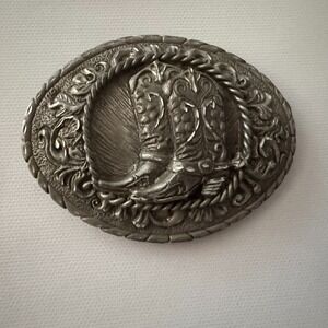 Vintage Solid Pewter‎ Western Belt Buckle Cowboy Cowgirl Boots USA 4" x 3"